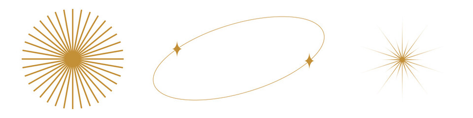 Obraz premium Golden starburst, oval, and sparkle designs. Starburst radiates, oval encircles, sparkle shines. Elegant golden starburst, oval, and sparkle motifs. Aesthetic elements vector set.