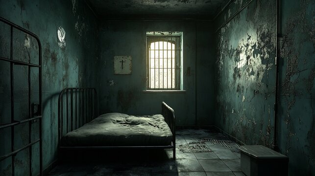 Derelict asylum room with iron bed, bars, aged walls, and cross