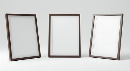 Set of three vertical dark wood picture frames with blank white space for mockup presentation, isolated on a clean studio background