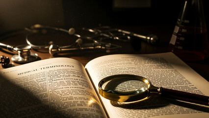 Close look at medical terminology in an open book with vintage science equipment