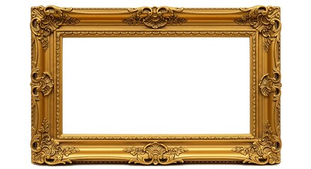 Luxurious ornate gold picture frame with intricate baroque style carvings, isolated on a clean white background