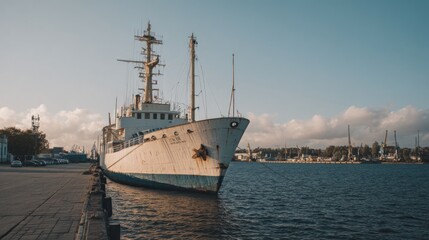 Fototapeta premium Captivating View of a Historic Ship Moored at the Harbor on a Clear Day