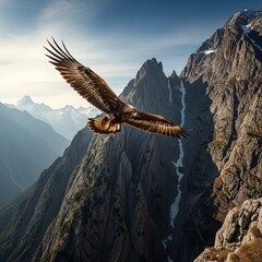 Majestic Golden Eagle Soaring Over Rugged Mountain Peaks