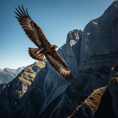 Majestic Golden Eagle Soars Over Rugged Mountain Peaks Under a Clear Blue Sky