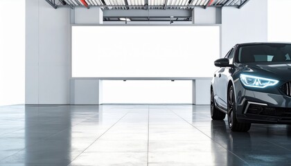 Naklejka premium Sleek Dark Sedan with Luminous LED Headlights in a Modern Hangar with a Blank Billboard.