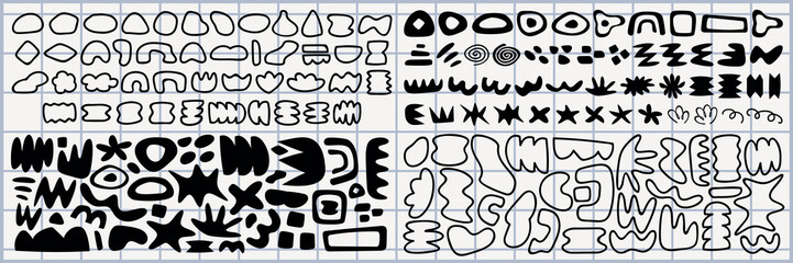 Abstract shapes in black and white. Various abstract shapes, patterns, and designs. Creative abstract shapes for artistic and design purposes. Black and white vector set.