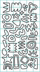 Abstract shapes in black outline on a grid background. Curved and angular shapes repeat, creating a playful pattern. Abstract shapes, grid, playful design. Funky shapes vector set.