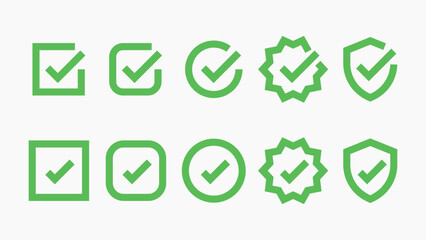 Green checkmark icons in various shapes: square, circle, starburst, shield. Symbols of approval, verification, and success. Checkmarks in different designs. Vector element set. © Rawpixel.com