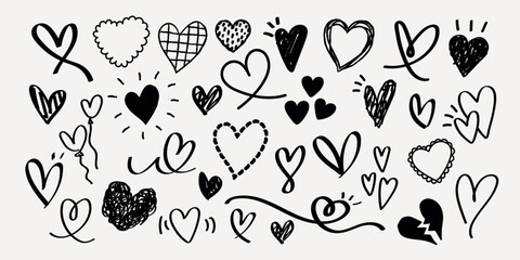 Collection of hand-drawn heart doodles in various styles. Black and white hearts, playful heart sketches, and creative heart designs fill the image. Hand drawn Valentine's Day vector set.