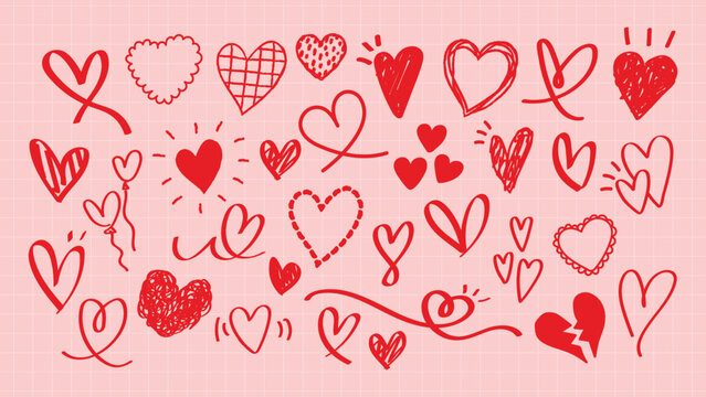 Various red heart doodles on a pink background. Hearts are drawn in different styles, showcasing creativity and love. Heart designs vary in size and shape. Cute hand drawn Valentine's Day vector set.