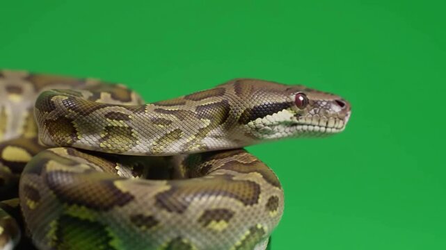 Close-up of a vibrant green python resting against a bright green backdrop, showcasing its scales