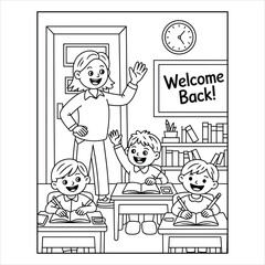 Obraz premium Back to School Coloring Page. Teacher and Students in Classroom Illustration