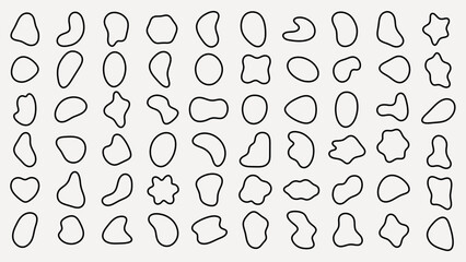 Abstract shapes pattern with irregular, organic forms. Black outlines on a white background. Unique, abstract shapes create a modern, artistic pattern. Black shape vector set.