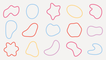 Colorful abstract shapes in red, blue, yellow, and pink. Various abstract shapes, including wavy and round forms. Abstract shapes on a light background. Colorful shapes, vector element set.