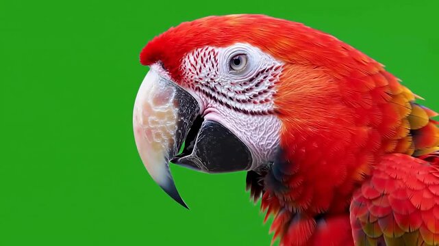 Vibrant close-up of a red macaw against a bright green background, showcasing its feathers and beak
