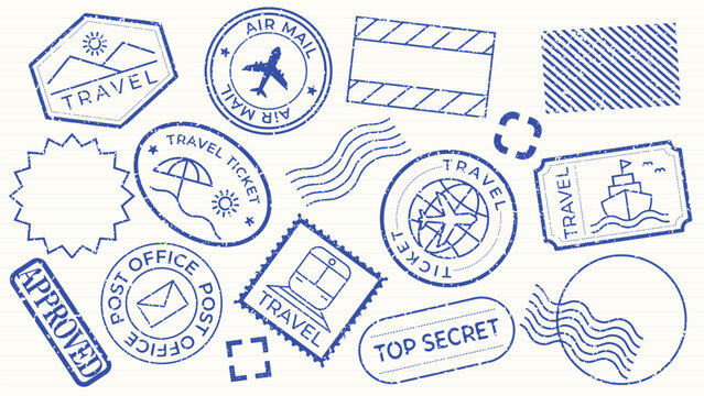 Collection of blue travel stamps featuring airplanes, ships, and travel themes. Includes 'Approved' and 'Top Secret' stamps, perfect for travel designs. Blue travel stamps, vector set.