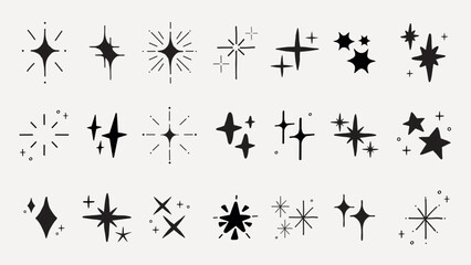 Set of 20 black starburst and sparkle icons on a white background. Starburst designs vary in shape and size. Sparkle icons add a decorative touch. Element vector set.
