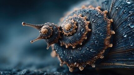 Close-up of spiral snail shell with droplets