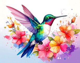 Vibrant hummingbird amongst colorful flowers