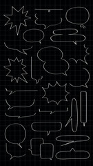 Collection of white speech bubbles on a black grid background. Speech bubbles vary in shape and size. Speech bubbles for comics and design. Message illustration vector.
