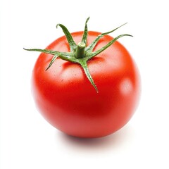 Single, ripe tomato, vibrant red hue, green stem