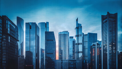 Modern futuristic city skyline with tall skyscrapers in blue tone, symbolizing urban development, real estate growth, financial district and innovative architectural design in global economy