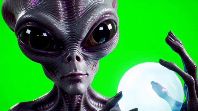An alien fortune teller casting a spell with a magic glowing orb on a green screen, realistic 3d animation style
