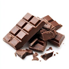 Dark chocolate bar broken into pieces on white background