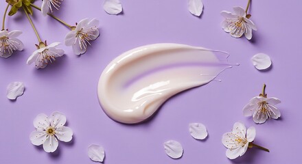 Cream Smear with Cherry Blossom Flowers on Pastel Purple Background