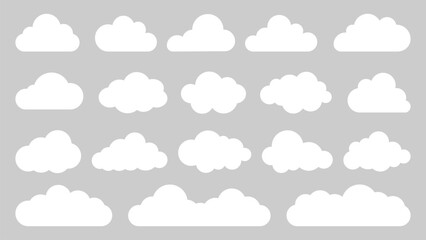 Collection of white cloud icons on a gray background. Various cloud shapes, cloud patterns, and cloud designs. Perfect for weather or nature themes. Weather illustration, vector set.