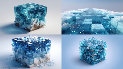 Four digital renderings of translucent blue cubes, each depicting a different stage of icy or watery disintegration, from pristine to fragmented, against light backgrounds