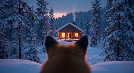 A lone fox observes a glowing cabin, a beacon of warmth within a vast, snow-covered winter forest at twilight.