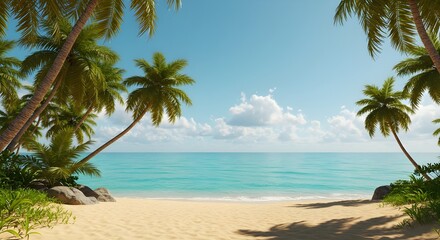 Tropical beach with palm trees, turquoise water, golden sand, and clear sky in bright sunlight.