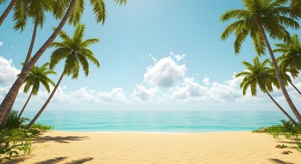 Fototapeta premium Tropical beach with palm trees, turquoise water, golden sand, and clear sky in bright sunlight.