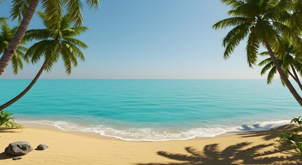 Fototapeta premium Tropical beach with palm trees, turquoise water, golden sand, and clear sky in bright sunlight.