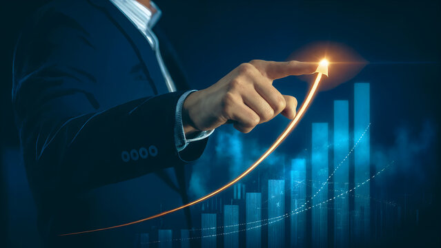 Businessman hand pointing at rising digital financial graph with glowing arrow, representing business growth, investment success, corporate profit, financial progress and upward economic trend - Powered by Adobe