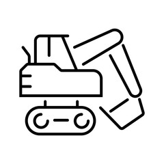 Simple line drawing of an excavator machine suitable for construction, industrial, or equipment themed designs and projects. Versatile and minimalistic.