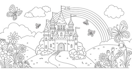 Obraz premium Black and White Fairytale Castle with Butterflies, Rainbow and Flowers