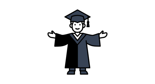 Cheerful Graduate Illustration in Academic Regalia Celebrating Success and Achievement. Ideal for educational resources, graduation announcements, or academic designs.