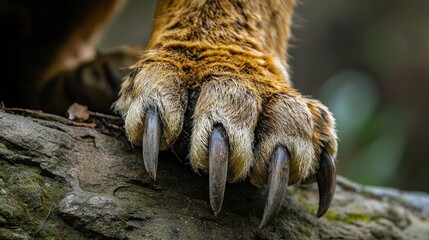 A tiger's paw with long, sharp claws on a tree branch, with a blurred background of greenery.