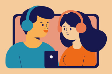 Fototapeta premium Couple Sharing Headphones Watching Video on Phone