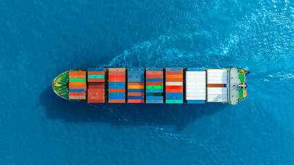 Aerial view of the freight shipping transport system cargo ship container. international...
