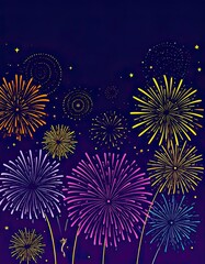 Naklejka premium Celebratory Fireworks Display Over a Night Sky, Colorful Sparkles, City Festival, Vibrant Atmosphere, Festive Viewpoint