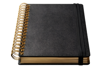 Spiral bound notebook mockup template with black paper cover isolated on a transparent background, PNG. High resolution.