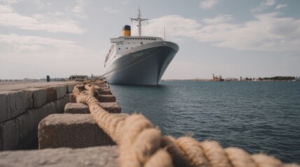 Majestic Cruise Ship Docked with Nautical Rope foreground on Cloudy Day