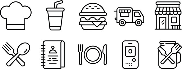 Flat vector illustration of food and restaurant icons, chef hat, burger, drink, food truck, utensils, menu, dining, delivery