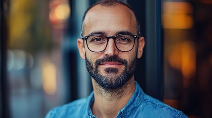 Obraz premium A man with a beard and glasses, wearing a blue shirt, standing in front of a window with a blurred view of a cityscape at night.