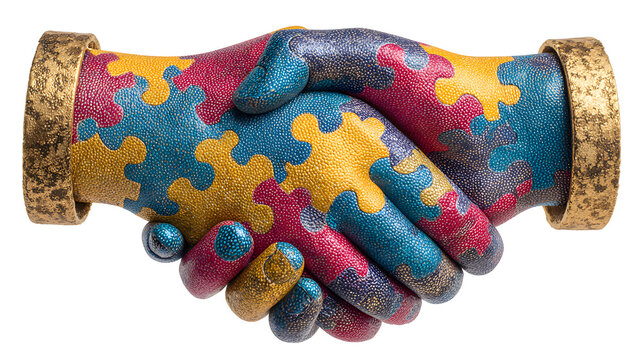 front view colorful handshake with puzzle details. On a white isolated background, With copy space for text. For World Autism Awareness Day, Autistic Pride Day - Powered by Adobe