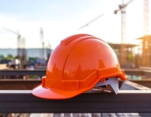 Orange safety helmet on metal railing, construction site