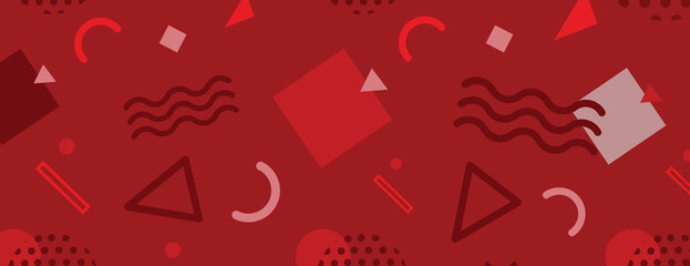 Abstract red background with geometric shapes. The red background features a variety of textures and patterns for a dynamic look. Fun memphis pattern background. Red background vector.